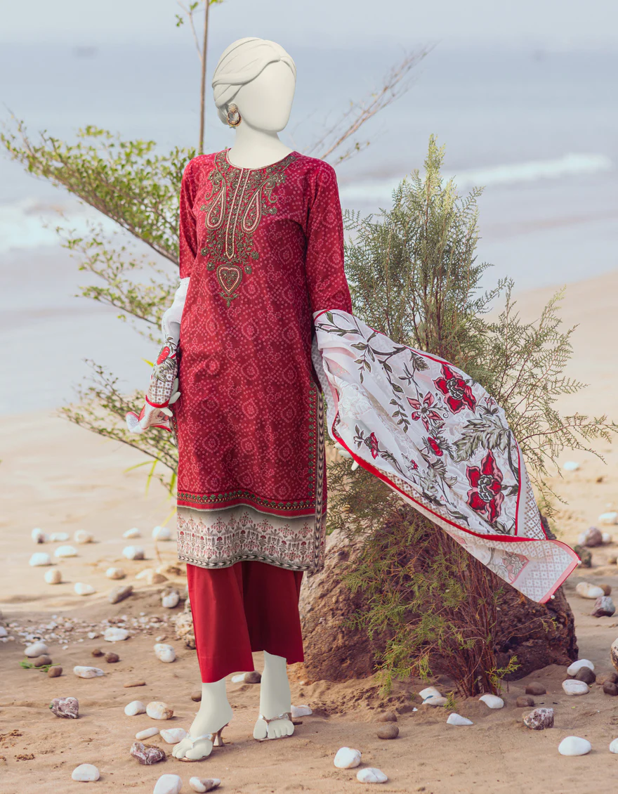 RED LAWN 3PC UNSTITCHED | JLAWN-S-24-208 SUBTL