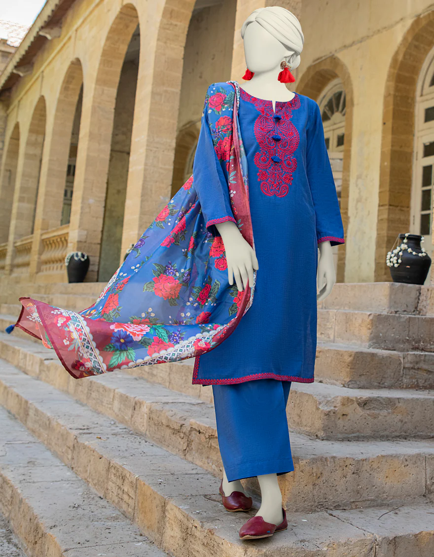BLUE TEXTURED 3PC STITCHED | JLAWN-S-24-449/S MONOCHROME-01