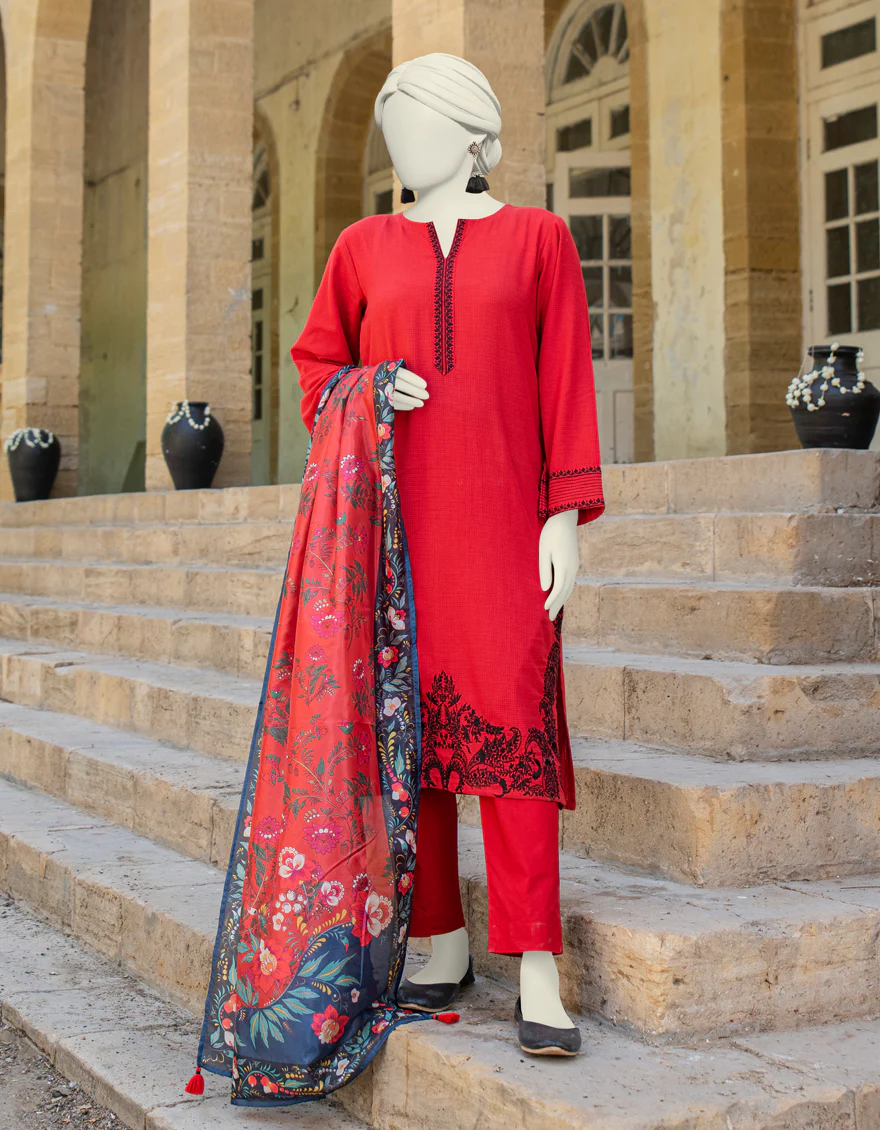 RED TEXTURED 3PC STITCHED | JLAWN-S-24-450/S MONOCHROME-02