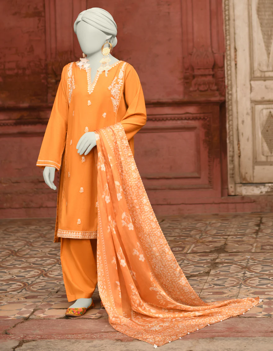 MUSTARD LAWN 3PC STITCHED | JLAWN-S-25-061/S CHIKAN KARI-01