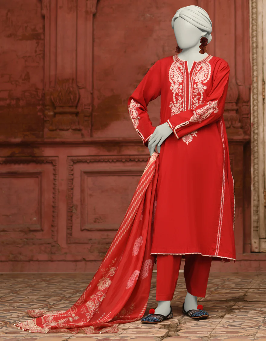 RED LAWN 3PC STITCHED | JLAWN-S-25-062/S CHIKANKARI-02