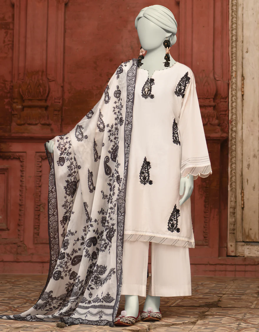 WHITE LAWN 3PC STITCHED | JLAWN-S-25-066/S CHIKAN KARI-06