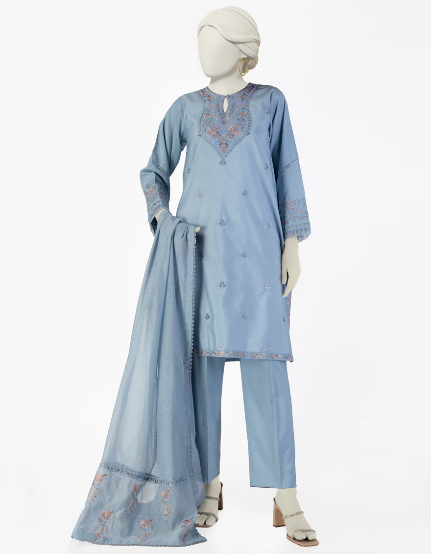 BLUE COTTON SILK 3PC STITCHED | JLAWN-S-25-092/S GRA