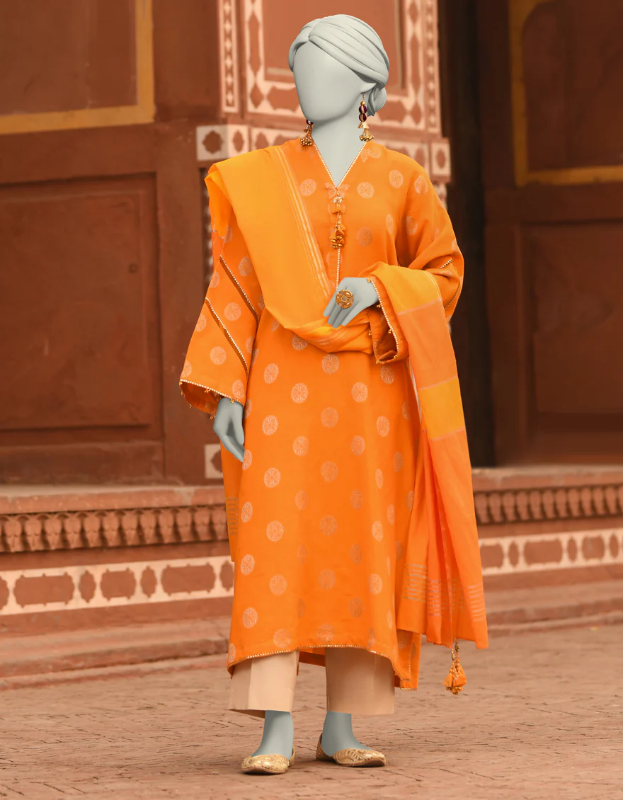 ORANGE JACQUARD 2PC UNSTITCHED | JLAWN-S-JDS-25-1056 COLOR BLOCKING-4