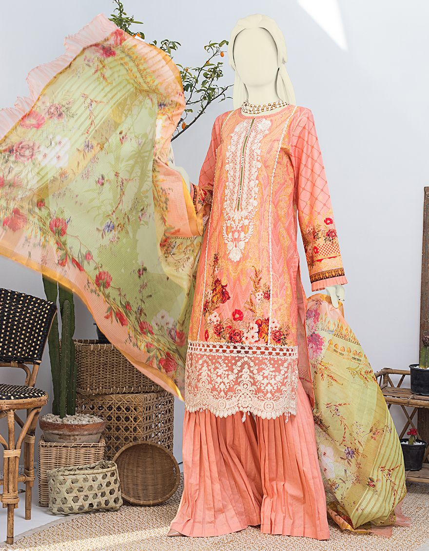 PEACH LAWN 3PC UNSTITCHED | JLAWN-S-JPUS-US-21-010 JT-567