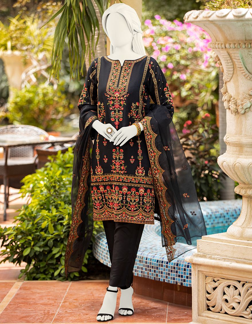 BLACK ORGANZA 3PC UNSTITCHED | JLAWN-S-JPUS-US-21-026 JPWS-21-247