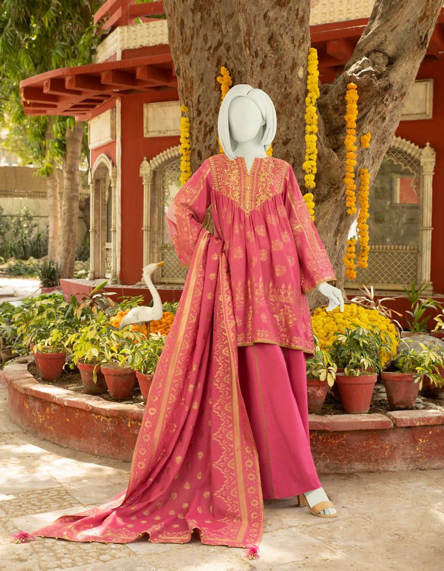 PINK JACQUARD 3PC UNSTITCHED | JLAWN-S-US-21-295 CORAIL
