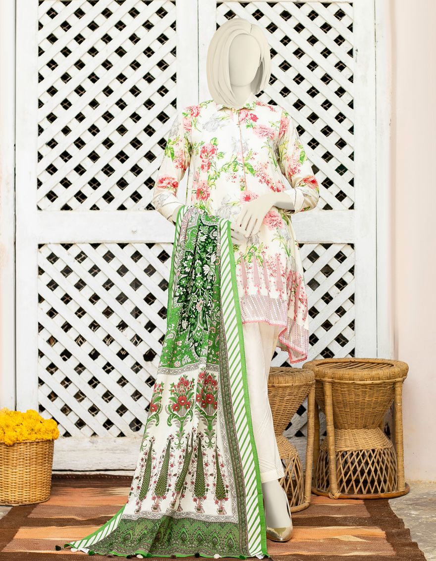 CREAM GREEN LAWN 3PC UNSTITCHED | JLAWN-S-US-21-342 LA-FORMES