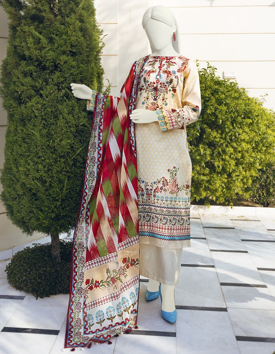 CREAM LAWN 3PC UNSTITCHED | JLAWN-S-US-22-133 ROSEATE (22-1032)