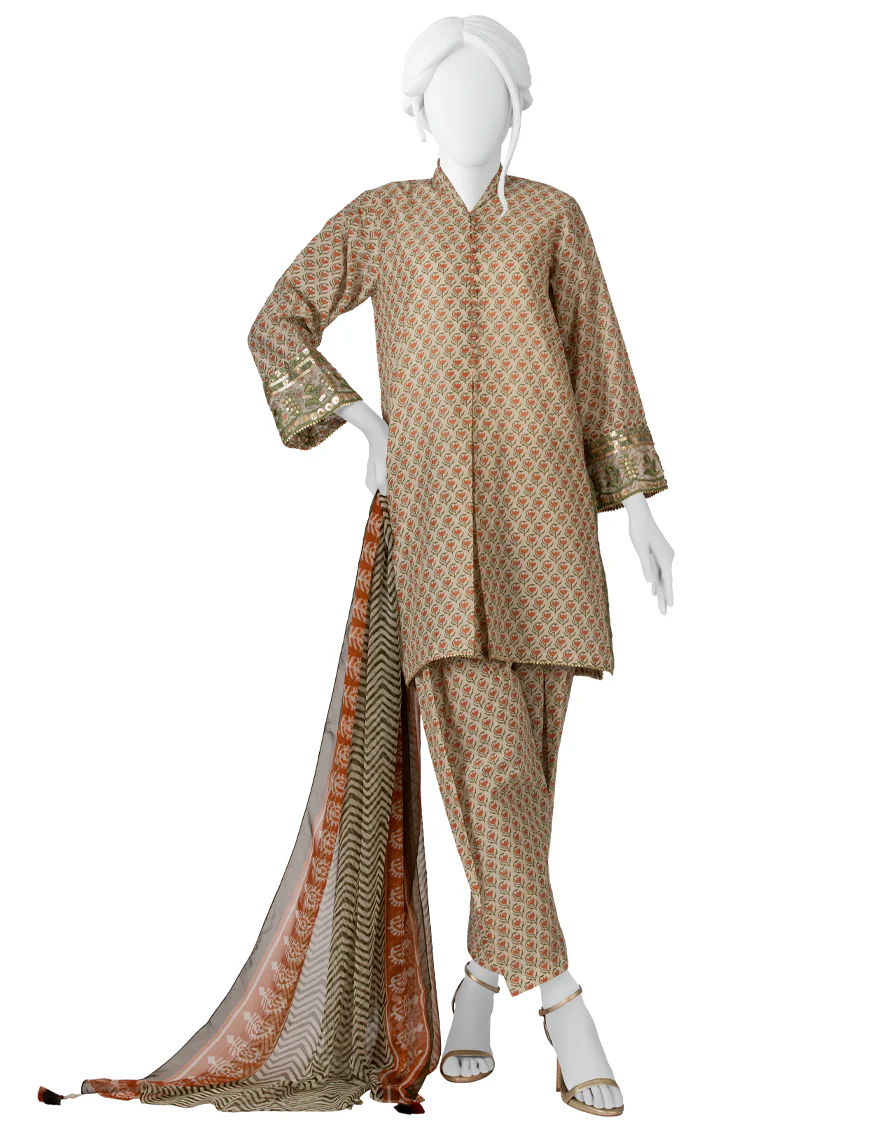 ECRU GREEN LAWN 3PC UNSTITCHED | JLAWN-S-US-22-187 CHAPA