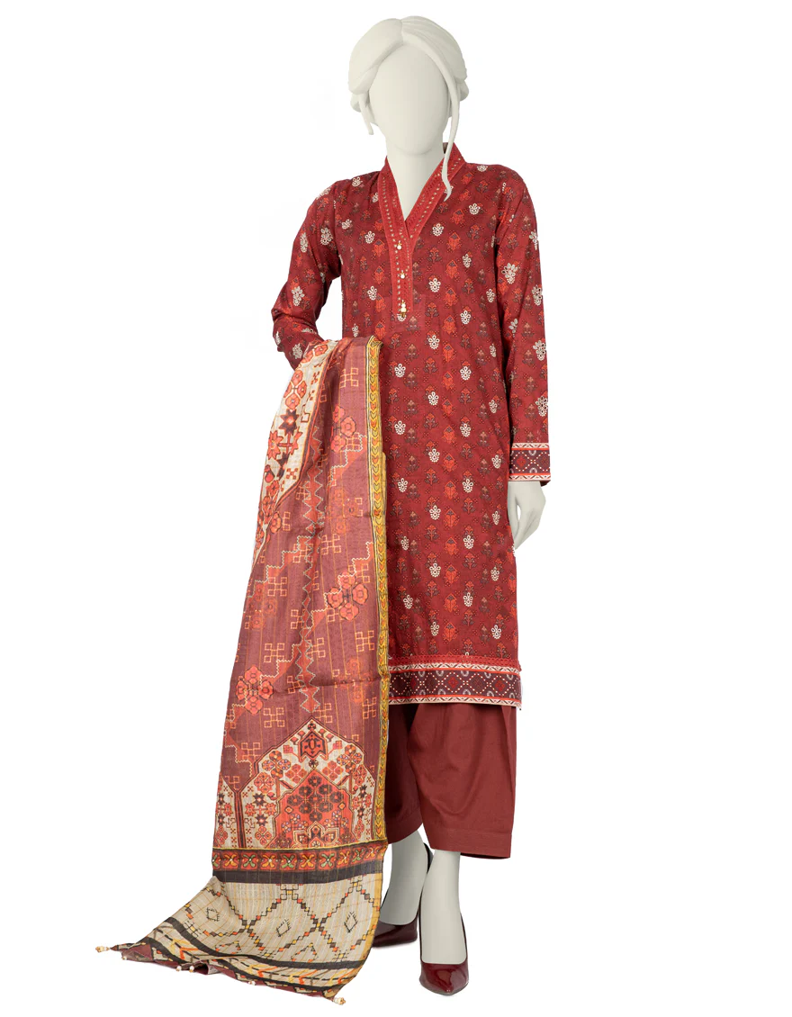 MAROON LAWN 3PC STITCHED | JLAWN-S-US-22-233/S DANEEN