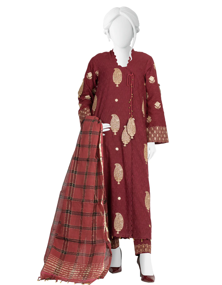 MAROON LAWN 3PC UNSTITCHED | JLAWN-S-US-22-358 EMK-016