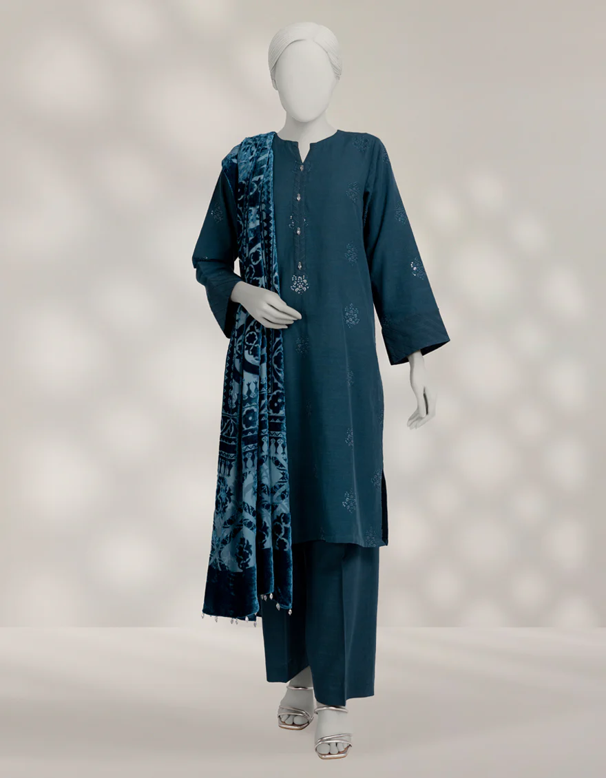 TEAL KHADDAR SLUB 3PC UNSTITCHED | JLAWN-W-25-1005 TRADITIONAL-1