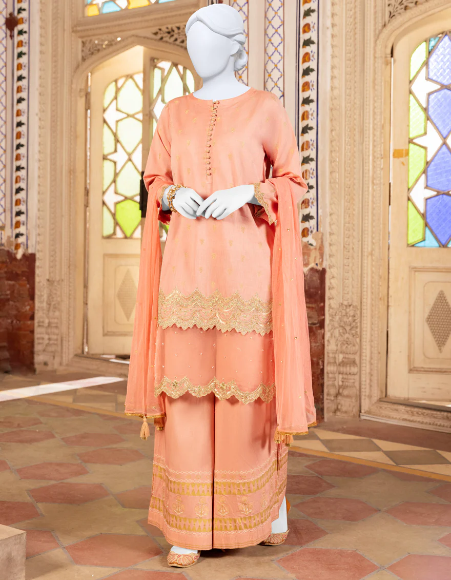 PEACH LAWN 3PC STITCHED | JPWS-S-JPWS-US-23-507 FB/GOLDEN BOTI