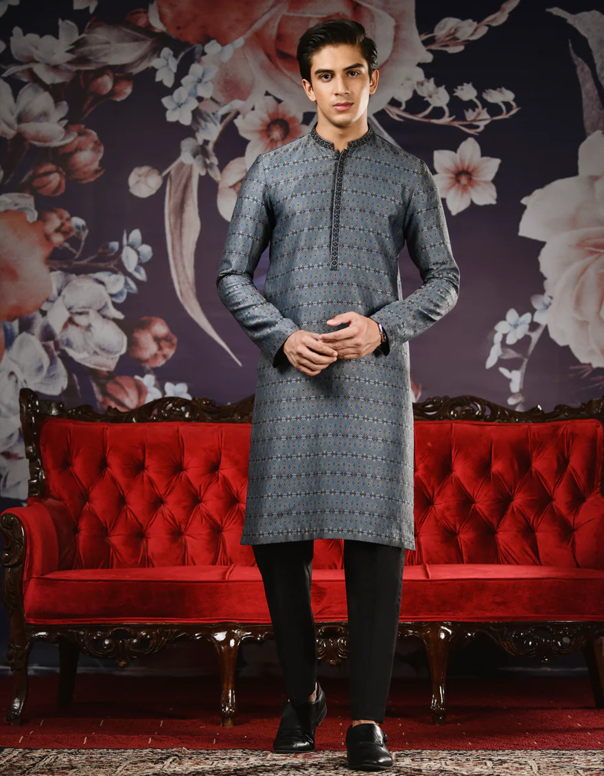 BLUE & GREY JAMAWAR KURTA | JTK-SP-US-35830/S22/JJ7294-FL