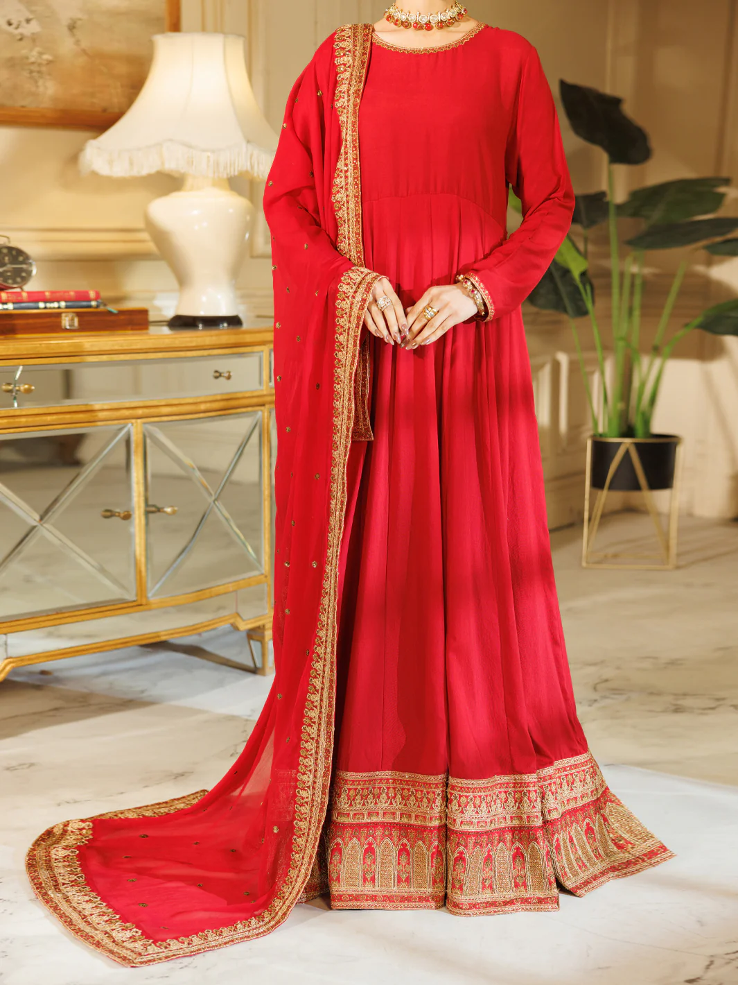 RED RAW SILK 3PC STITCHED | AL-3PS-LS-600/FB-600A