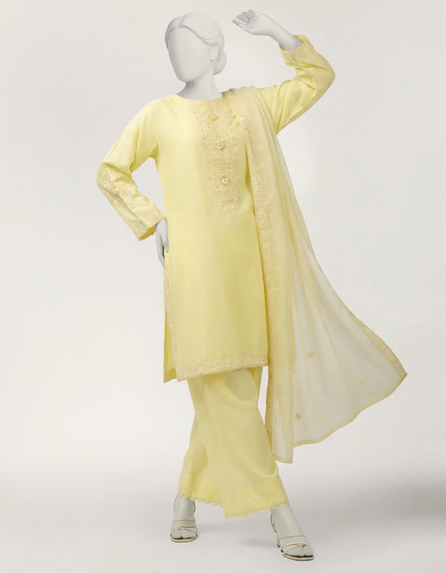 YELLOW COTTON SILK 3PC STITCHED | JLAWN-S-26-484/S 3D BLING-3 - Image 3