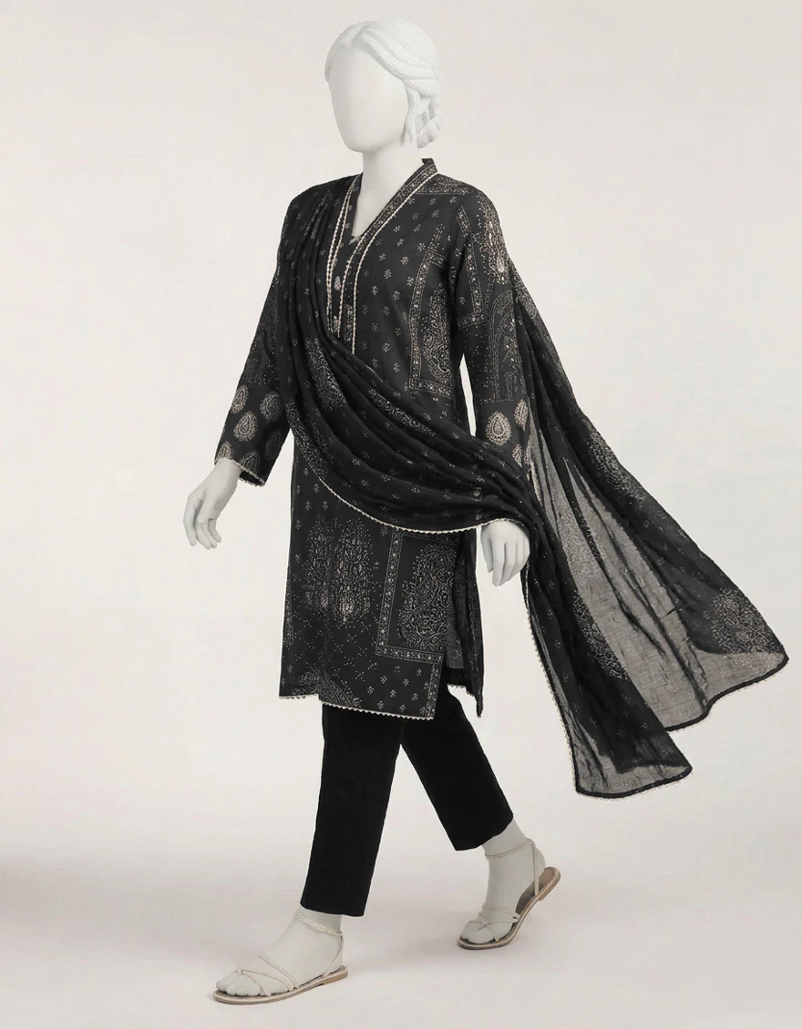 BLACK LAWN 3PC STITCHED | JLAWN-S-26-579/S MONOCHROME MOTIFS-3 - Image 2