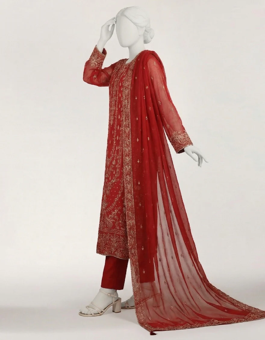 RED IMPURE CHIFFON 3PC STITCHED | JPS-S-26-4072 FB/DANEEN-17 - Image 4