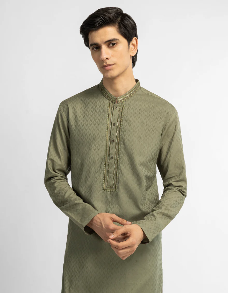 OLIVE COTTON KURTA | JTK-S-39746/S26/JJ10711-FL - Image 2